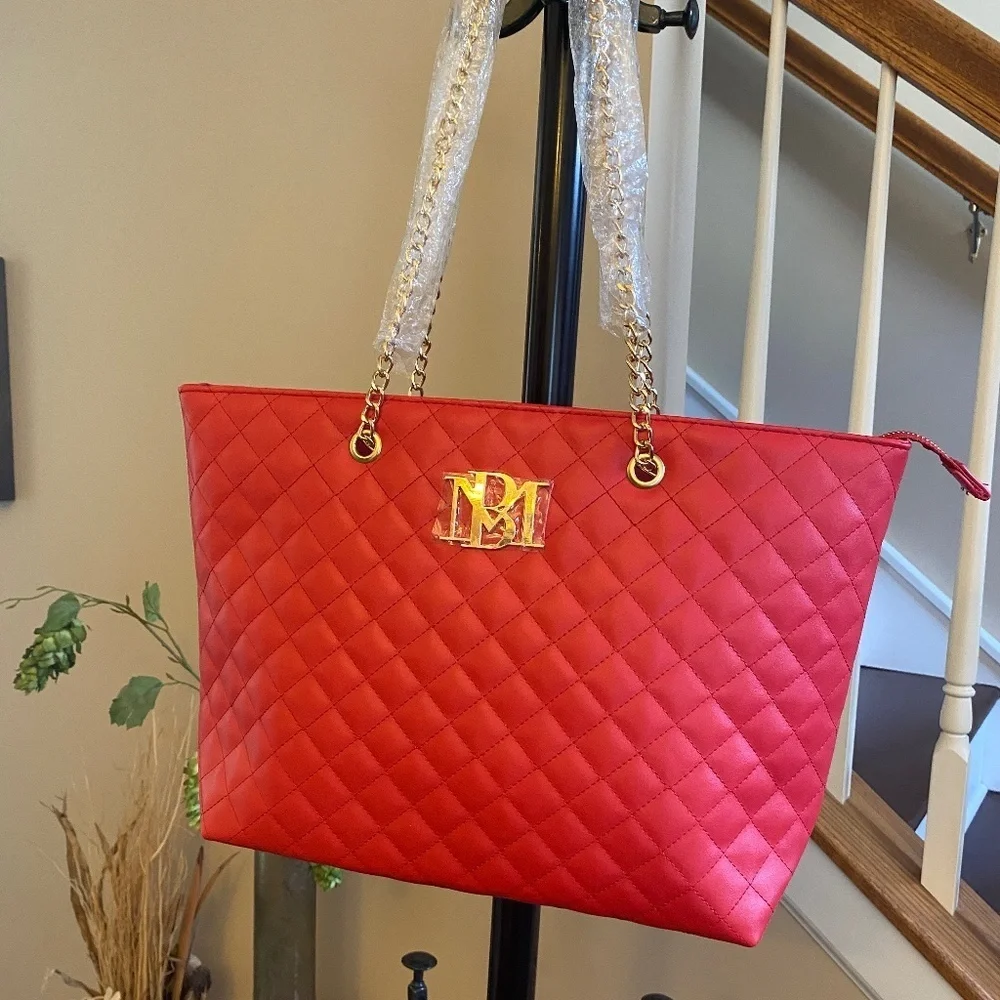 Badgley Mischka Red Quilted Chain Strap Tote Bag O/S